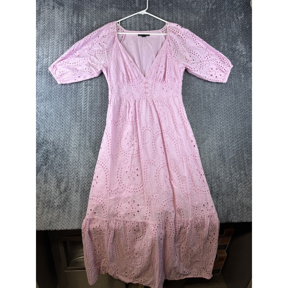 Sanctuary Maxi Dress Womens 6 Pink Cotton Eyelet Embroidered Puff Sleeve V Neck
